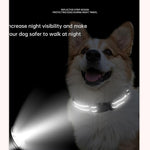 Adjustable limited choke dog collar displaying night visibility reflective stitching
