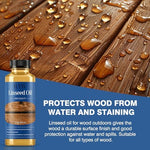 Bottle of raw linseed oil next to restored wooden patio furniture