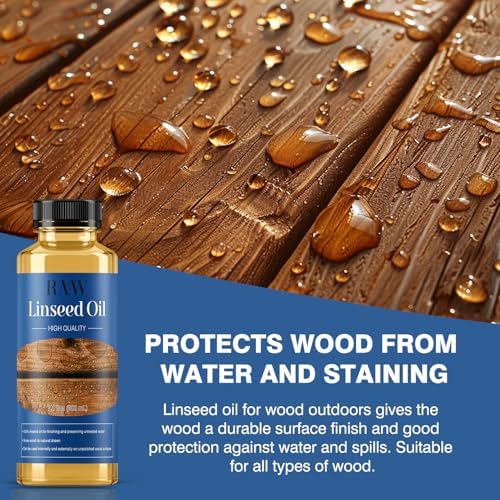 Bottle of raw linseed oil next to restored wooden patio furniture