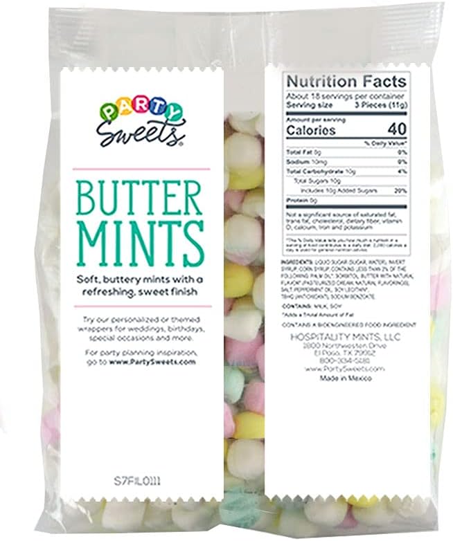 Party Sweets peppermint candies poured into a clear glass party bowl.