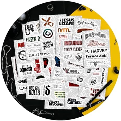 Assorted 90s rock music decals for laptops and water bottles