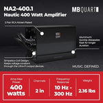 MB Quart Class D Nautic amplifier rear panel highlighting nickel plated RCA inputs and tuning controls.
