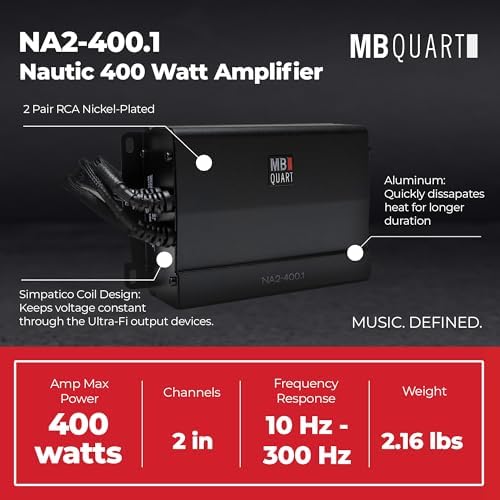 MB Quart Class D Nautic amplifier rear panel highlighting nickel plated RCA inputs and tuning controls.