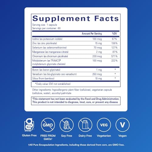 Pure Encapsulations Trace Minerals premium multimineral dietary supplement capsules displayed next to the authentic USA imported packaging.