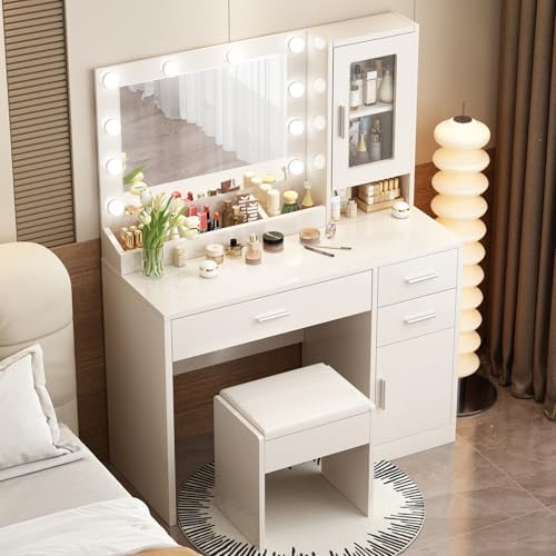 Side profile of the ENDYOE makeup desk highlighting the durable particleboard construction and shelves.
