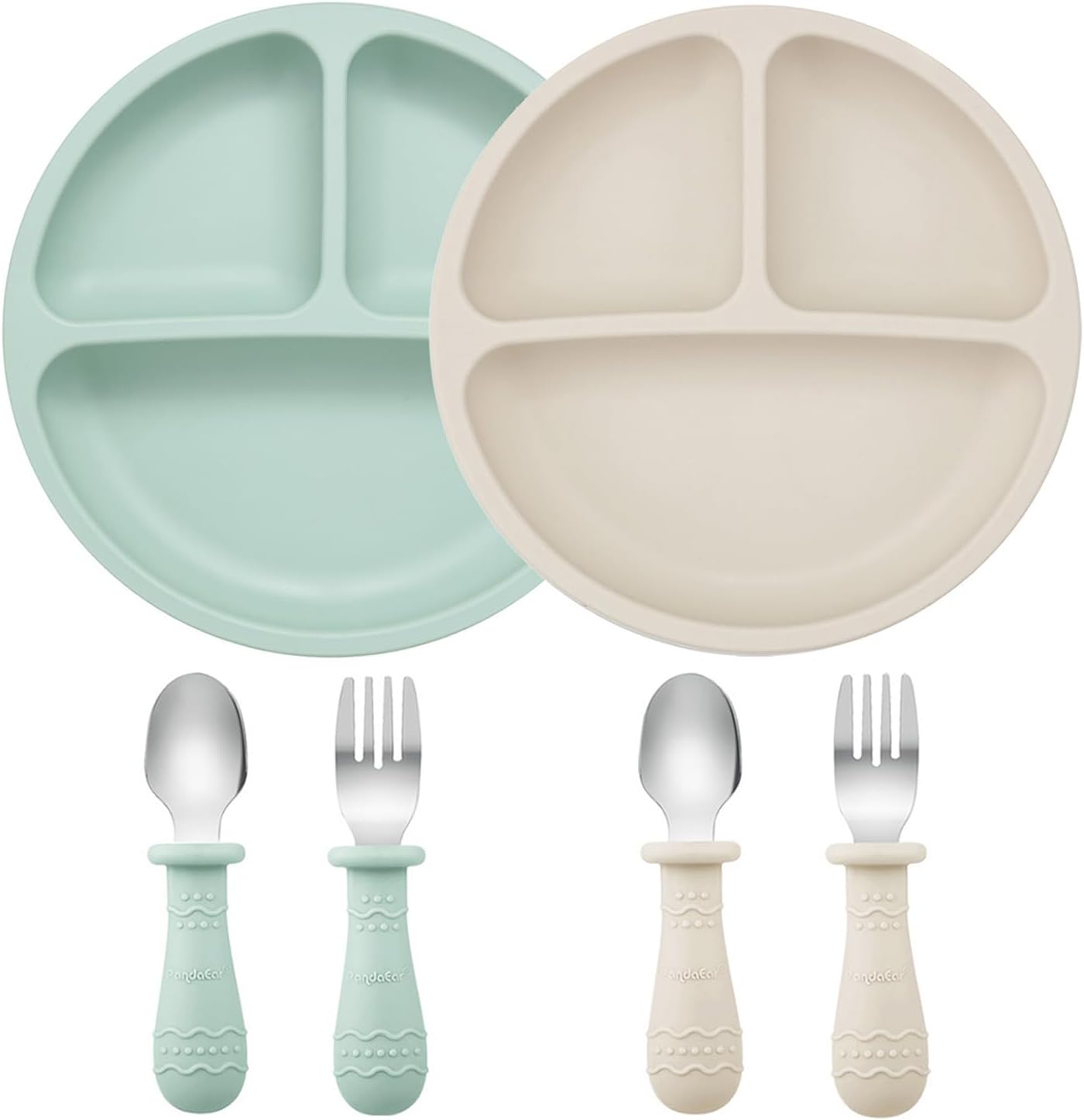PandaEar Baby Feeding Set front view with green and white plates and utensils