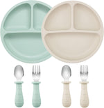 PandaEar Baby Feeding Set front view with green and white plates and utensils