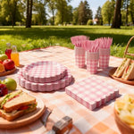 Pink gingham paper cups and napkins for baby shower