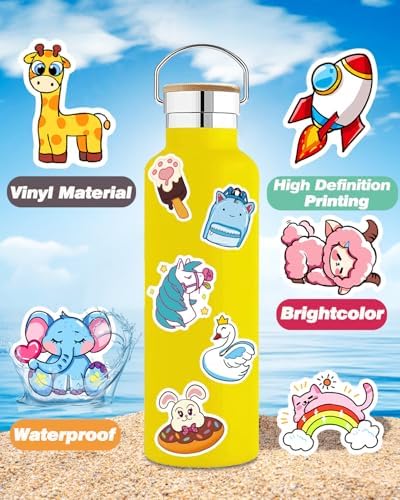Waterproof vinyl stickers applied to a water bottle and laptop