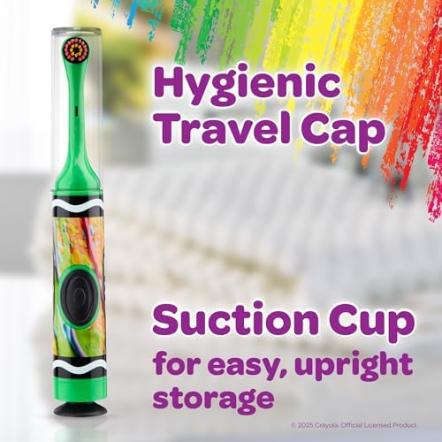 Hygienic travel cap and suction cup base on GUM Crayola kids electric toothbrush.