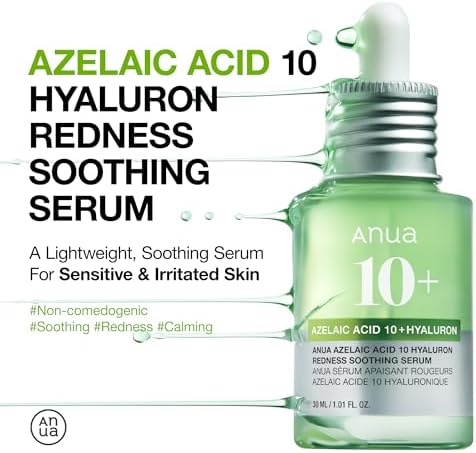 Anua Azelaic Acid 10 Hyaluron Redness Soothing Serum packaging displaying the blemish care solution.