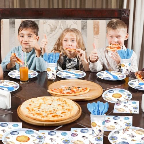 Complete table setting setup with Aslermure space party supplies