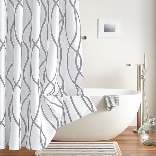 Biscaynebay luxury cloth shower curtain neatly folded showing its wrinkle-resistant properties.