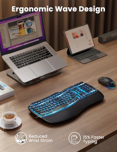 Rechargeable backlit desktop keyboard showing the wave key design and plush faux lambskin palm rest.
