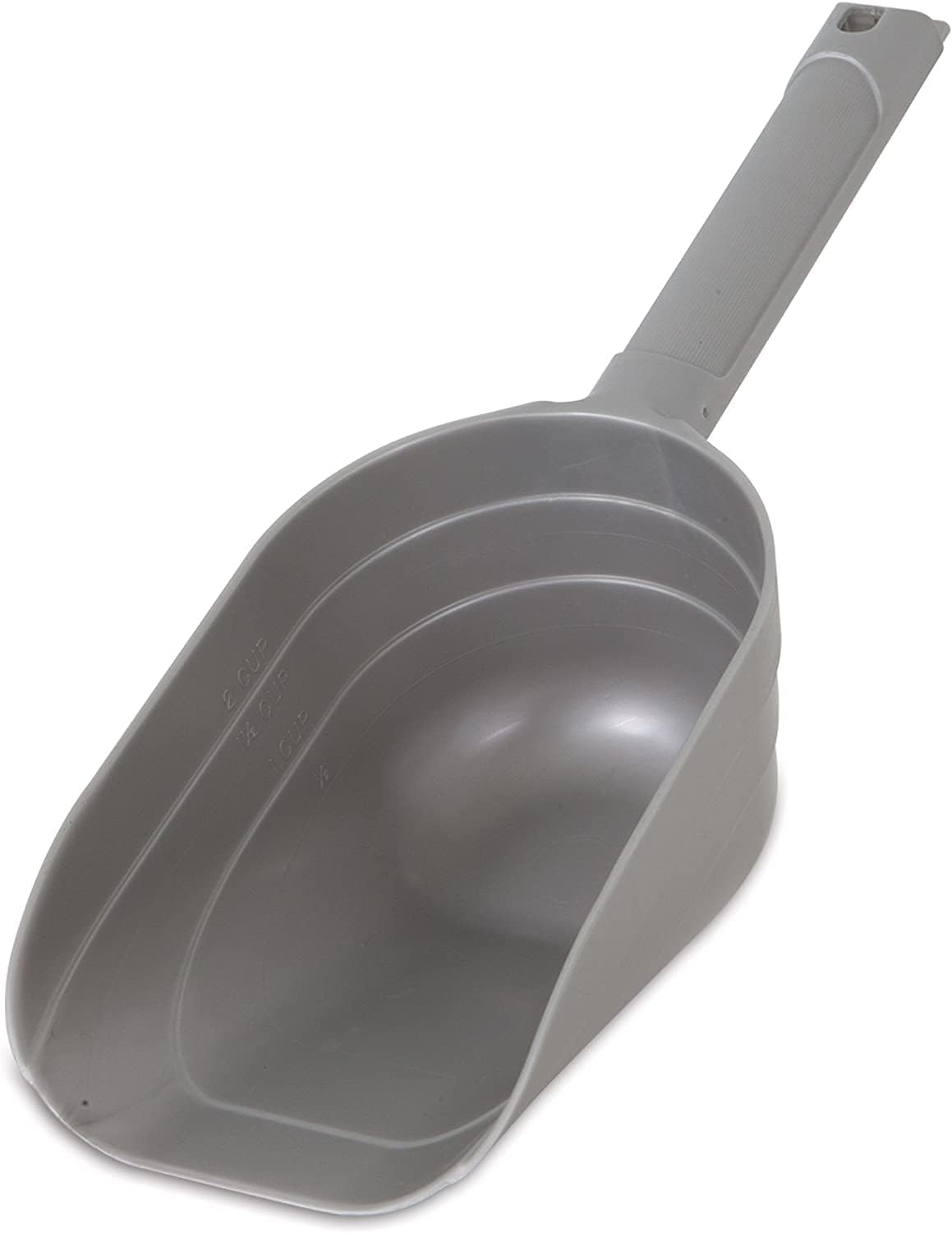 Petmate 2 cup pet food scoop front view showing silver finish
