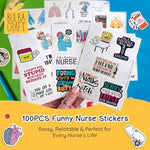 Assorted healthcare worker vinyl stickers featuring humorous quotes decorated on a laptop lid surface.