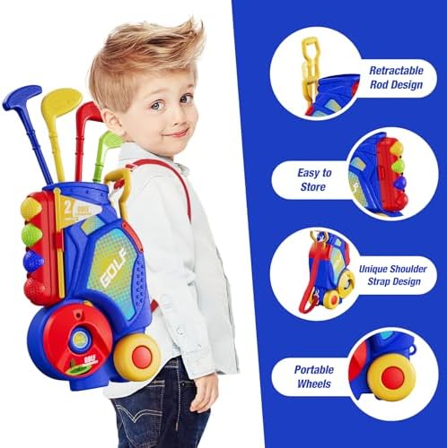 Child playing with Hyes plastic golf clubs and mat
