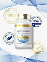Close up view of Carlyle Astaxanthin nutrition facts panel and allergen-free certifications.