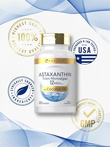 Close up view of Carlyle Astaxanthin nutrition facts panel and allergen-free certifications.