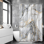Close-up view of the premium water resistant fabric on the BayNook abstract geometric bathroom curtain.