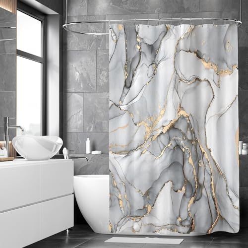 Close-up view of the premium water resistant fabric on the BayNook abstract geometric bathroom curtain.