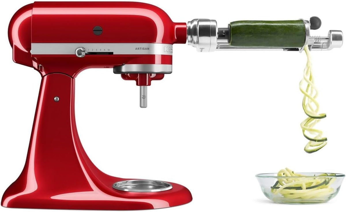 Top angle view of the silver metal spiralizer attachment body