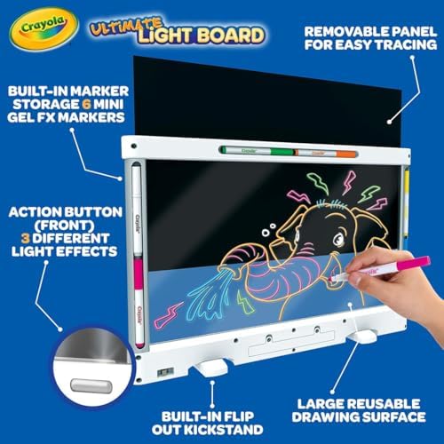 Child using the Crayola light-up drawing board in a darkened room to display glowing doodles.