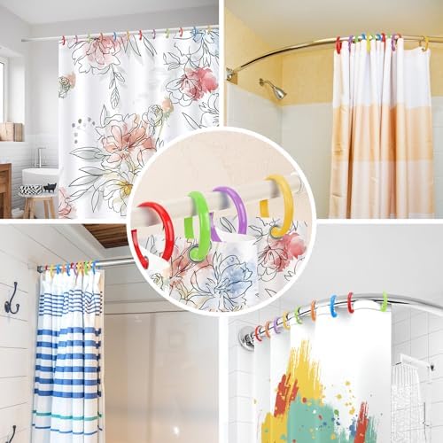 Ulable shower curtain rings installed securely on a colorful bathroom drapery.