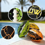 Heavy duty PVC water football being caught by a player in an outdoor backyard game setup.