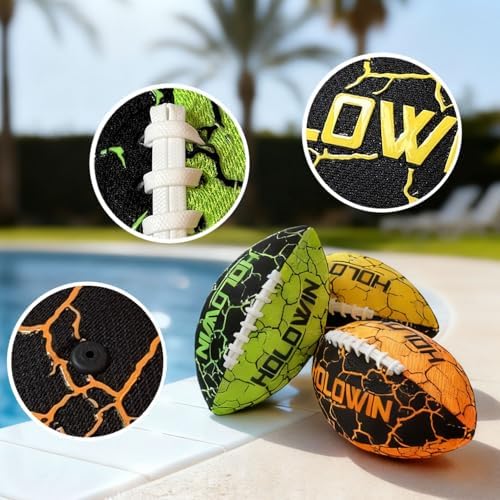 Heavy duty PVC water football being caught by a player in an outdoor backyard game setup.