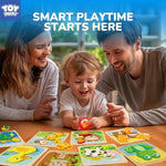 Eight different wooden puzzle shapes including cow frog and duck laid out on a play table.