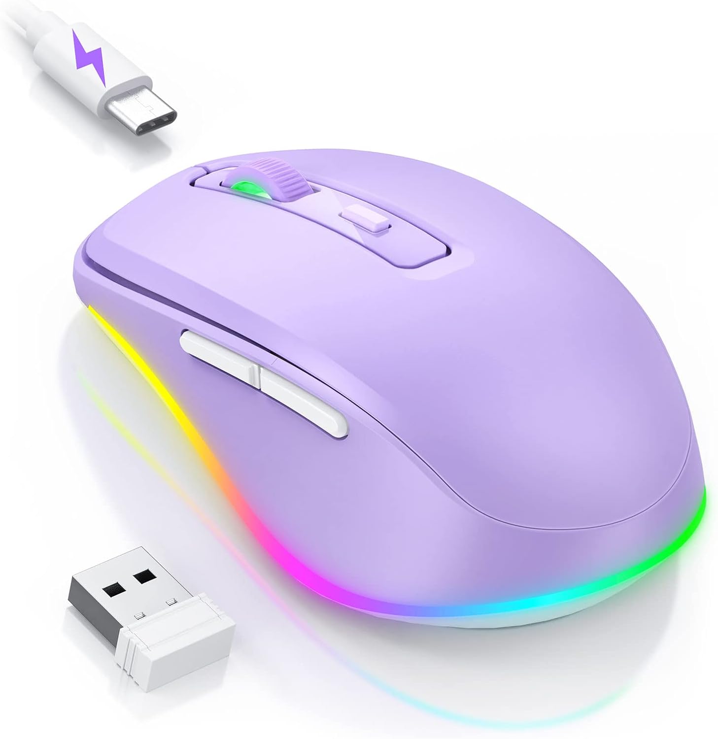 PEIOUS wireless mouse jiggler in vibrant purple showcasing the front view with active LED lighting borders.