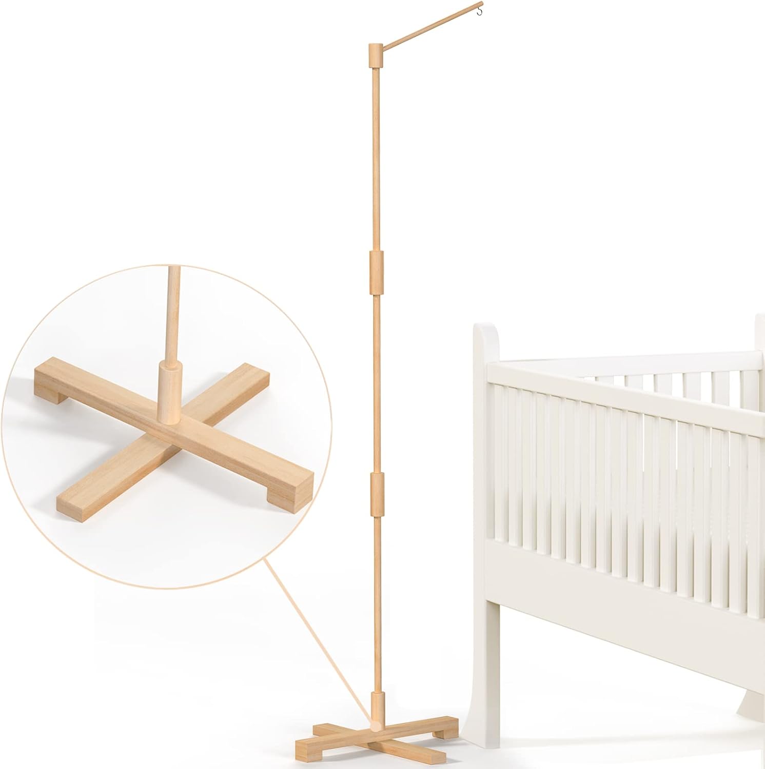 FEISIKE baby crib mobile arm front view of wooden nursery floor stand