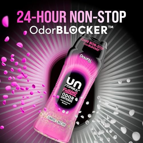 Downy Unstopables laundry scent booster bottle showing twenty four hour odor blocker label