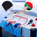 Professional grade air hockey pucks in bright red and blue team colors.