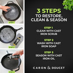 Bottle labels for Caron & Doucet oil soap and scrub highlighting 100 percent natural ingredients.
