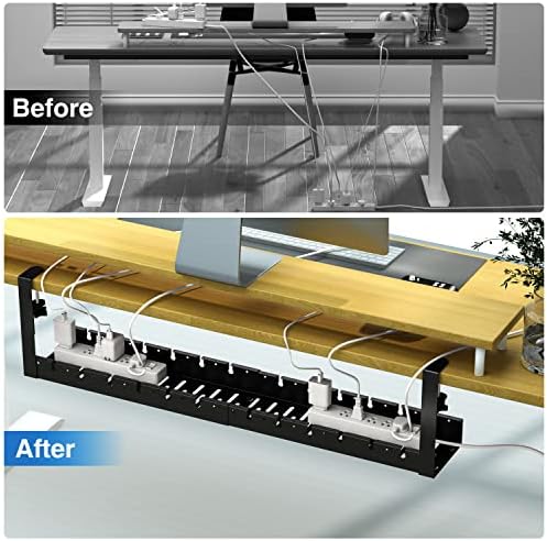 BIWIST retractable cable organizer basket fully extended to thirty one inches holding multiple power strips and computer chargers neatly