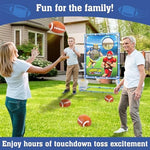 Kids playing with the American football target game set during an outdoor birthday party.