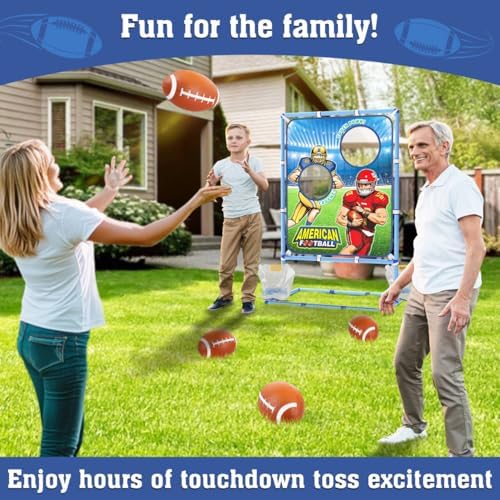 Kids playing with the American football target game set during an outdoor birthday party.