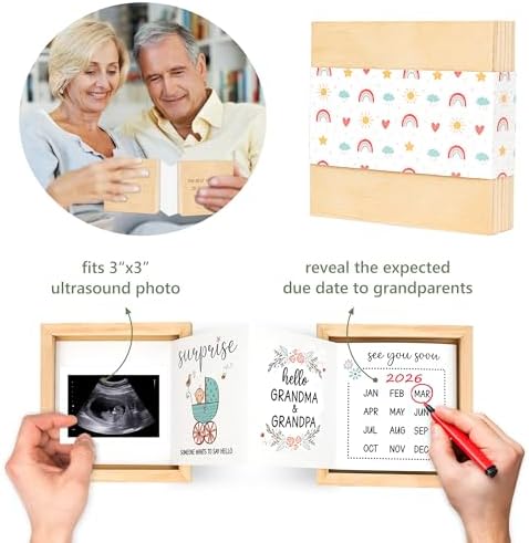 Open wooden ultrasound box showing the inner folded pages and custom due date tracker.