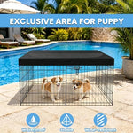 Weather resistant outdoor shade cover for pet exercise pens installed in a backyard setting.