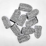 Ten pieces of grey elastic finger covers displayed flat