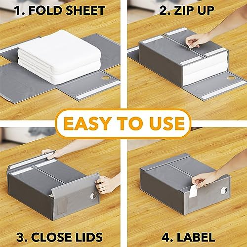 SpaceAid gray sheet keeper box with a removable label card being inserted into the side pocket.