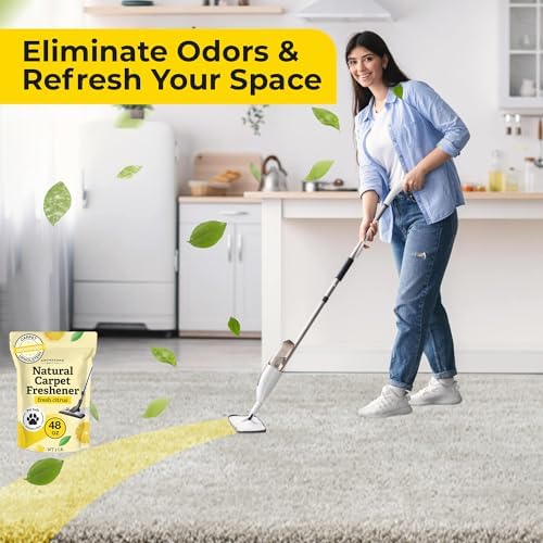 Natural citrus scented carpet freshener powder being sprinkled on a rug