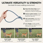 Tails And Tales adjustable 9.8 feet dog leash extended fully on a walking path.