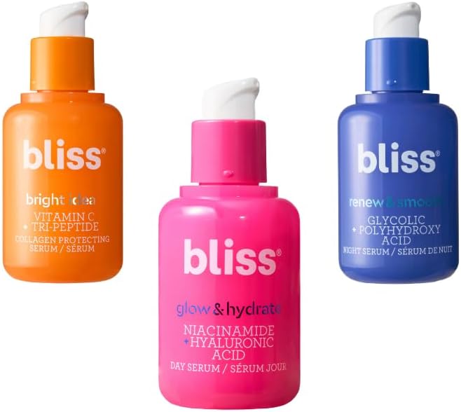 Bliss Skincare AM Plus PM Serum Trio front packaging view containing three individual serum bottles