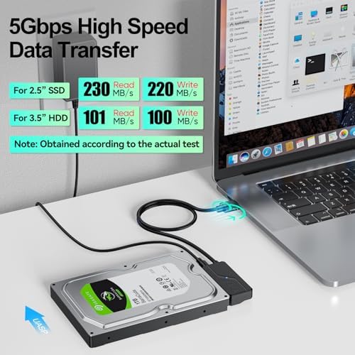 Clavoop external hard drive converter connected to a three point five inch hard drive showcasing the dedicated power supply setup