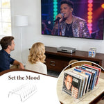 Tiered open slot design CD storage display rack maximizing shelf space.