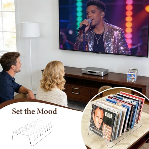 Tiered open slot design CD storage display rack maximizing shelf space.