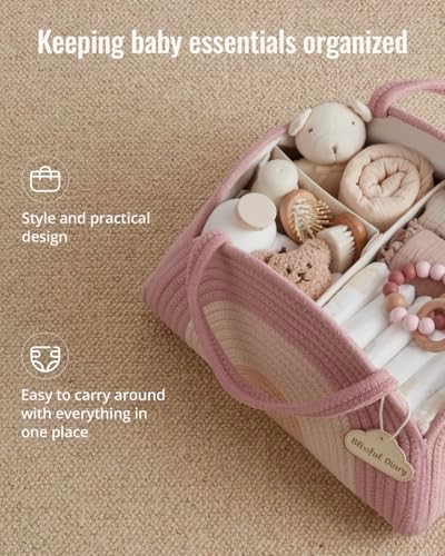 Blissful Diary cotton rope diaper caddy basket showing internal removable dividers.